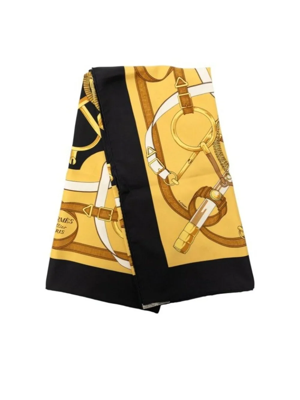Hermes Carre 90 Eperon D'or Yellow Gold Spurs Scarf Black Silk - Picture 2 of 9